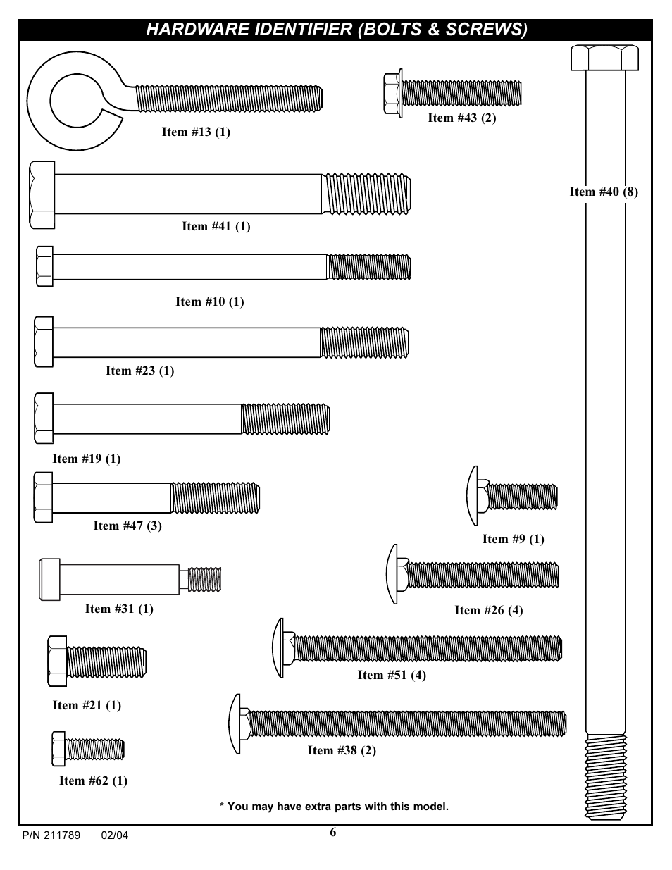 Hardware identifier (bolts & screws) | Spalding 211789 User Manual | Page 6 / 32