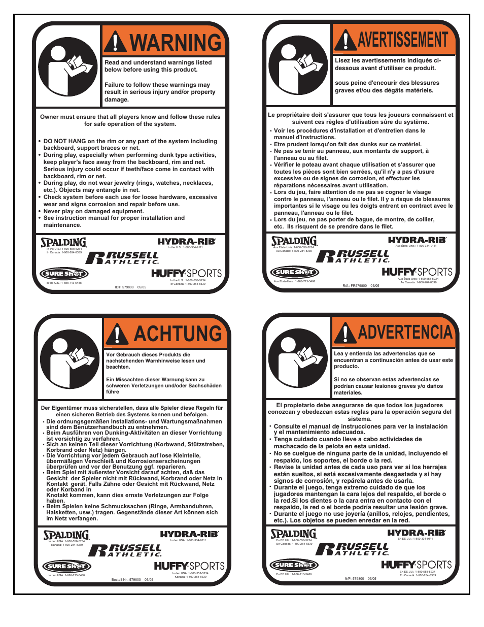 Warning, Achtung, Avertissement | Advertencia | Spalding M781924 User Manual | Page 6 / 11