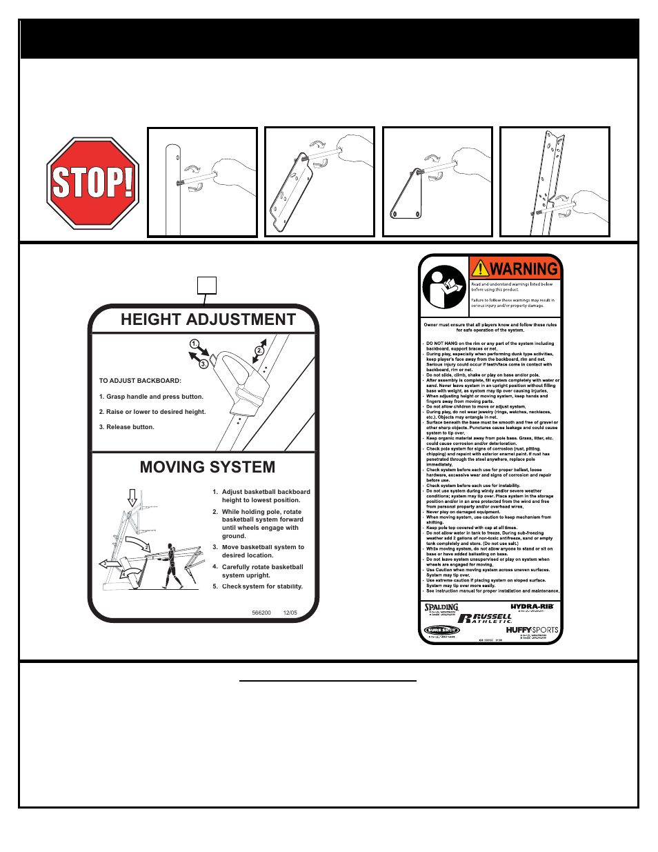 Before you start, Height adjustment, Moving system | Notice to assemblers | Spalding M682001 User Manual | Page 2 / 23