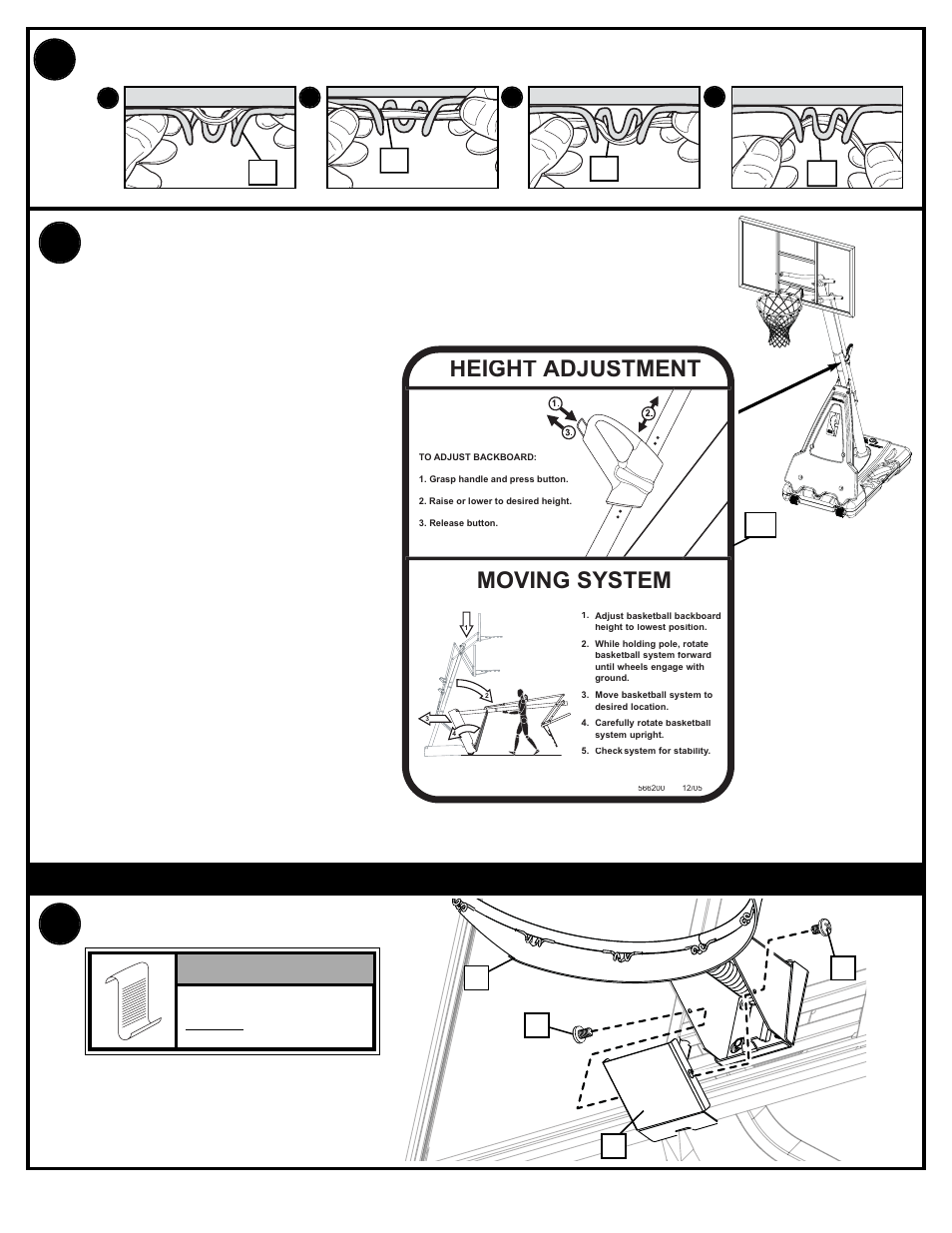 Height adjustment, Moving system, Rim cover attachment | Spalding M682001 User Manual | Page 21 / 23