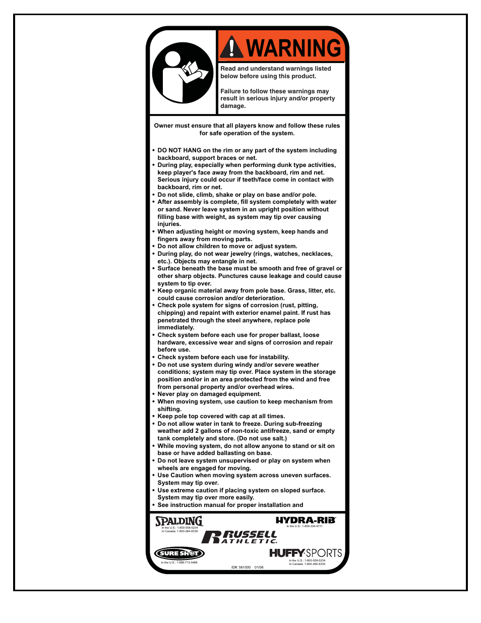 Warning | Spalding M6711041 User Manual | Page 3 / 54