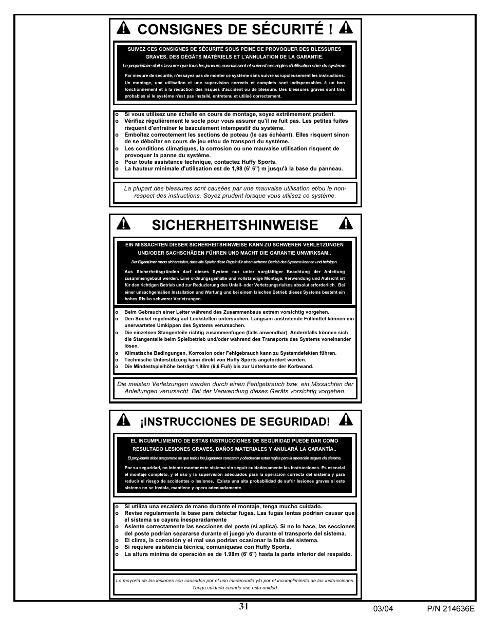 Sicherheitshinweise, Consignes de sécurité, Instrucciones de seguridad | Spalding 214636E User Manual | Page 31 / 51