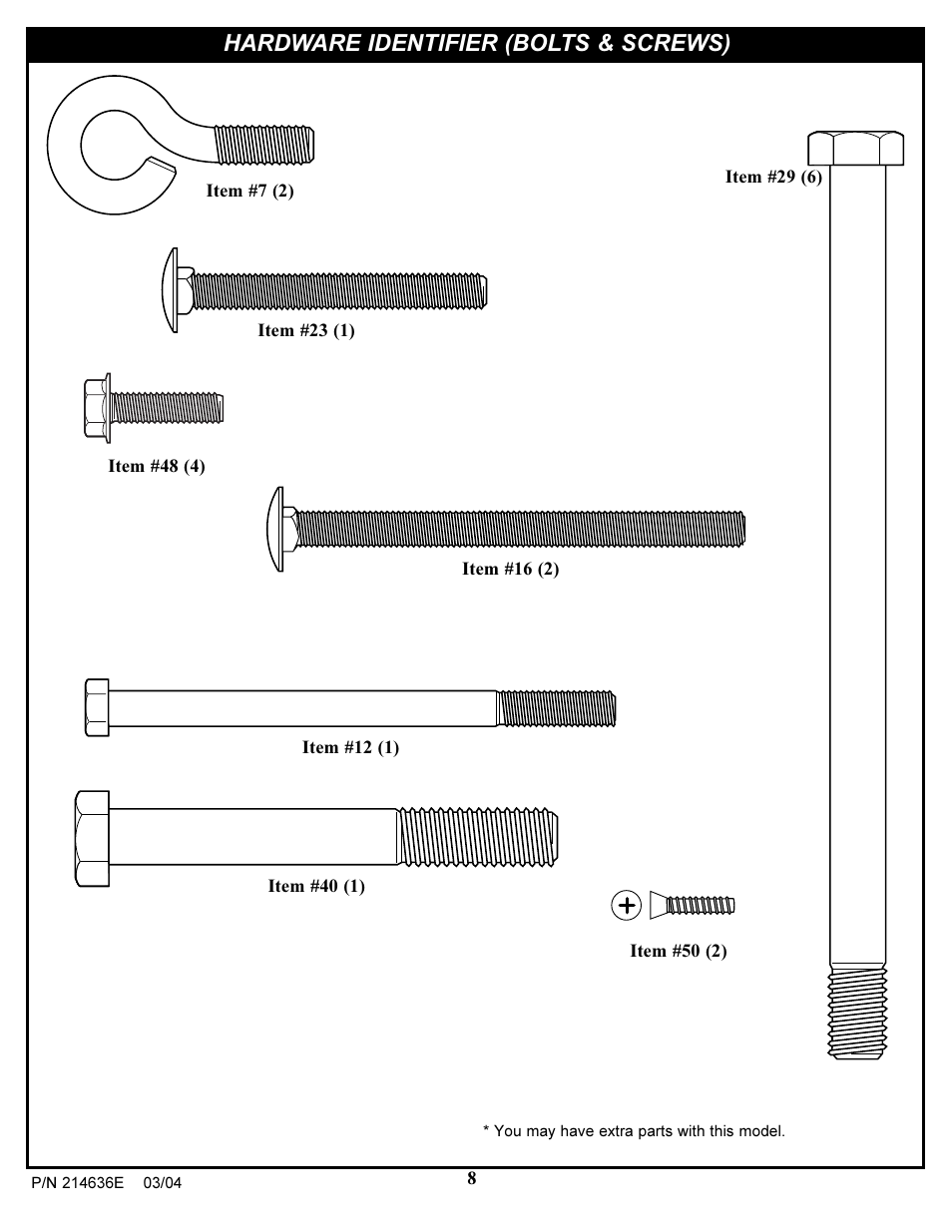 Hardware identifier (bolts & screws) | Spalding 214636E User Manual | Page 8 / 51
