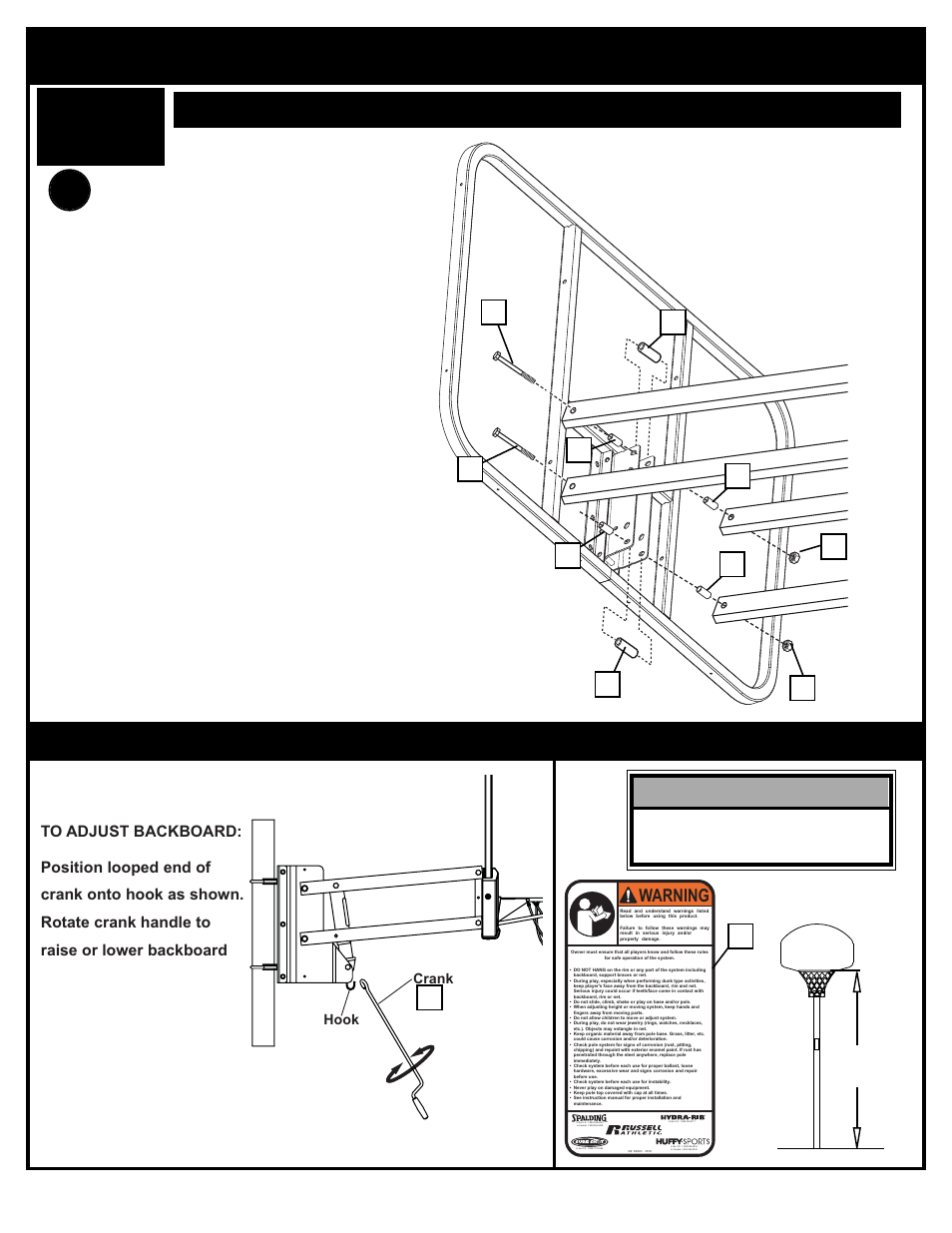 Backboard mounting (continued), Height adjustment and warning label placement, Warning | Spalding M316001 User Manual | Page 15 / 15