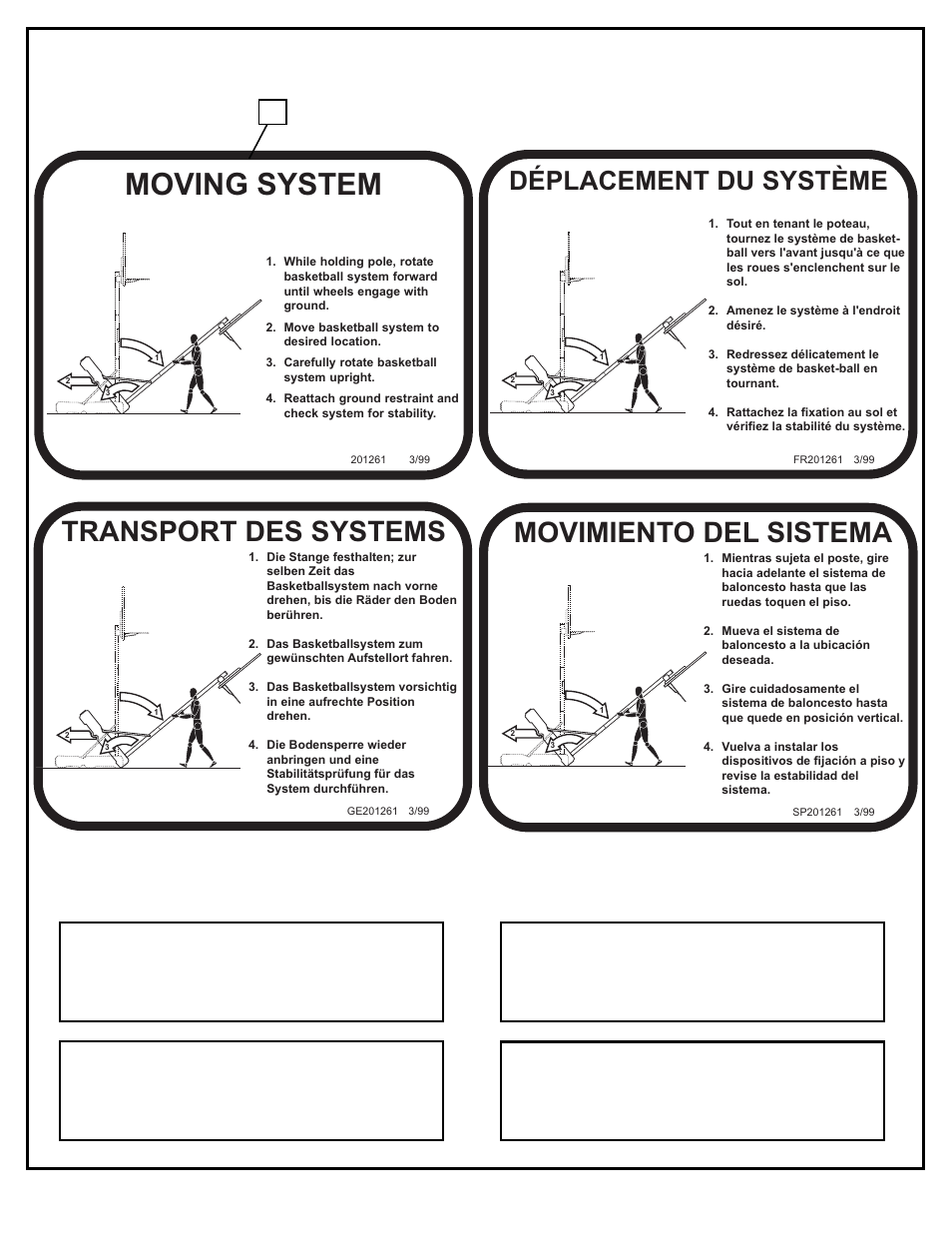 Moving system, Transport des systems, Movimiento del sistema | Déplacement du système | Spalding M7703241 User Manual | Page 10 / 28