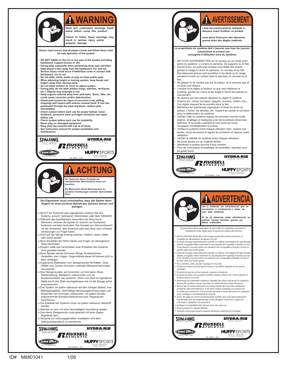 Warning, Advertencia, Achtung | Avertissement | Spalding M8801041 User Manual | Page 4 / 35
