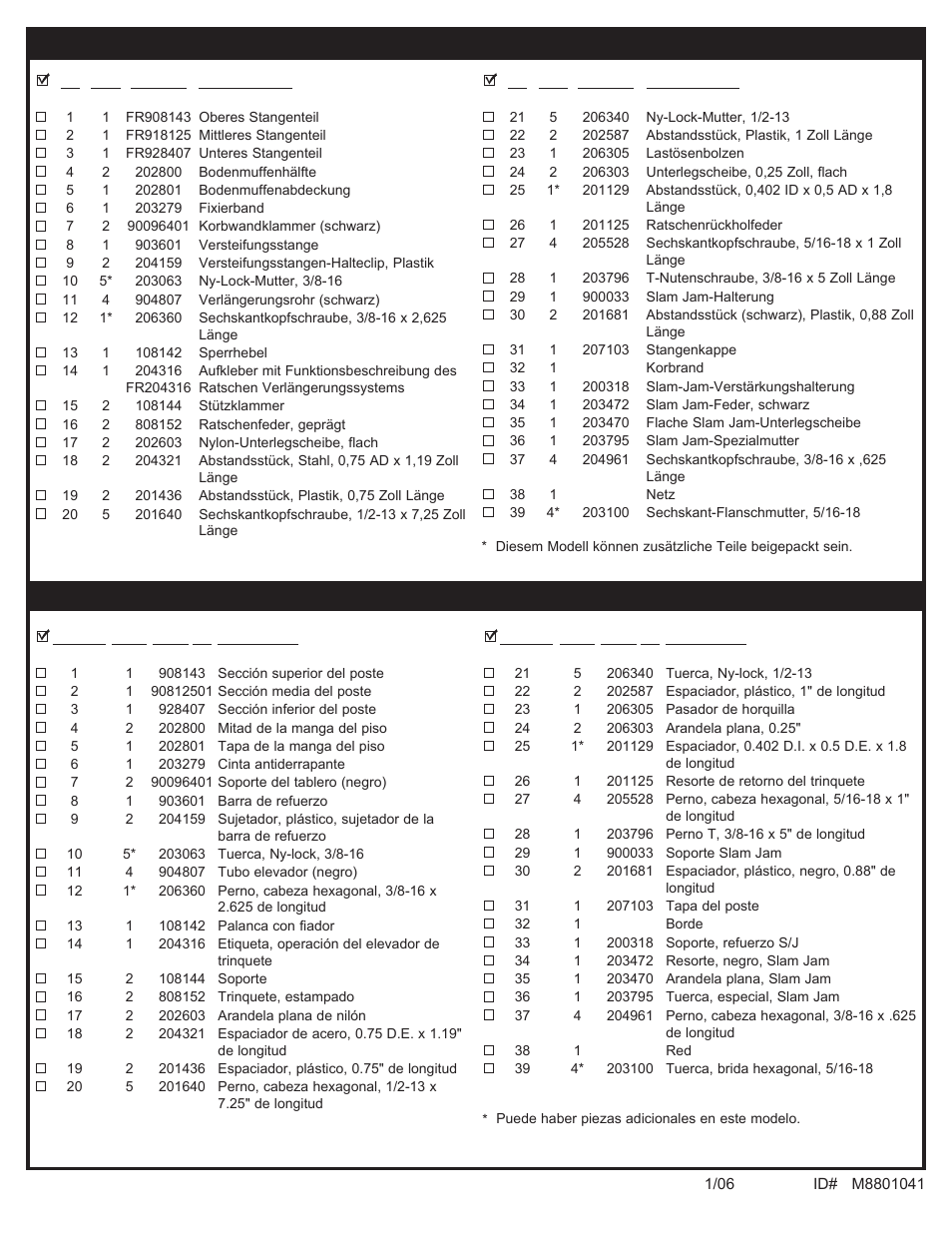 Teileliste - siehe teileschlüssel, Lista de piezas - vea el identificador de herraje | Spalding M8801041 User Manual | Page 9 / 35