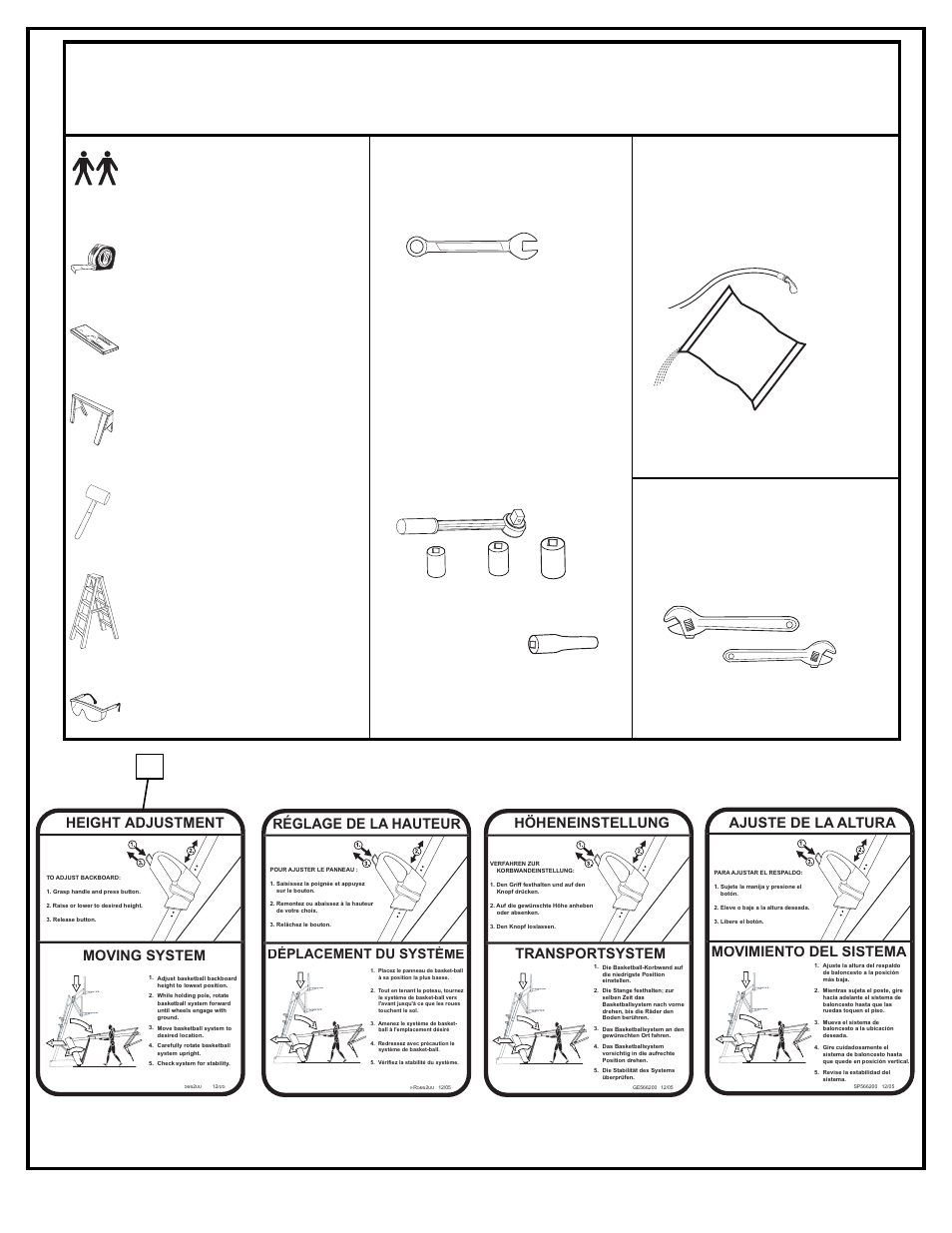 Sand, Height adjustment, Moving system | Réglage de la hauteur, Transportsystem, Höheneinstellung, Movimiento del sistema, Ajuste de la altura, 390 lb.), Déplacement du système | Spalding M6620241 User Manual | Page 3 / 41