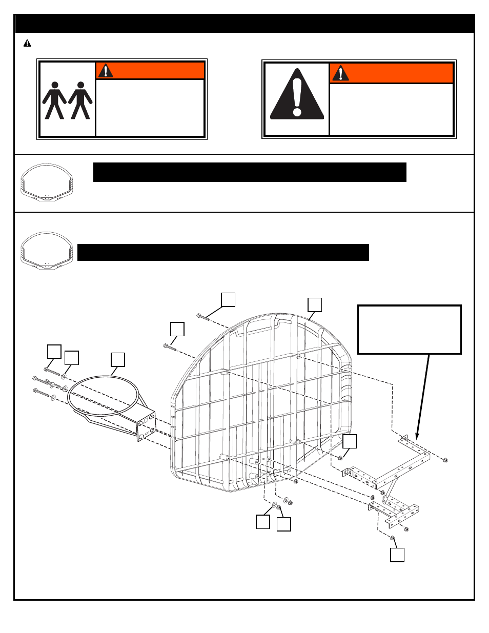 1a. 1, Mounting options “a, b or c, Warning | Attach rim (6) to backboard as shown | Spalding M800001 User Manual | Page 4 / 6