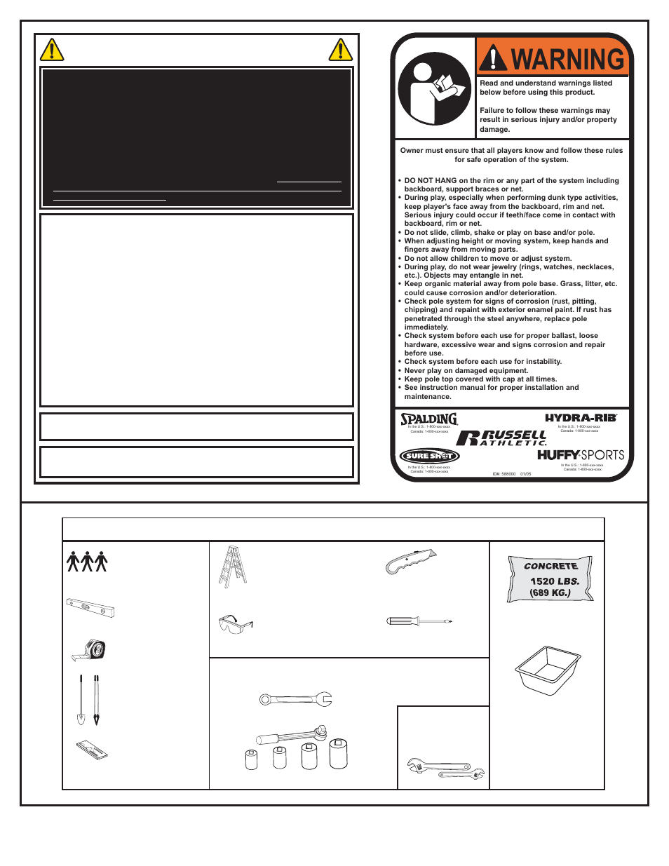Warning, Safety instructions, Required tools and materials | Spalding M8860411 User Manual | Page 2 / 20