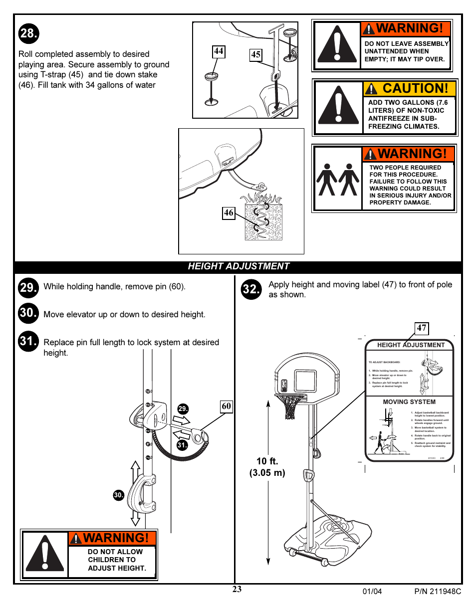 Warning, Caution, Height adjustment | Spalding 211948C User Manual | Page 23 / 25