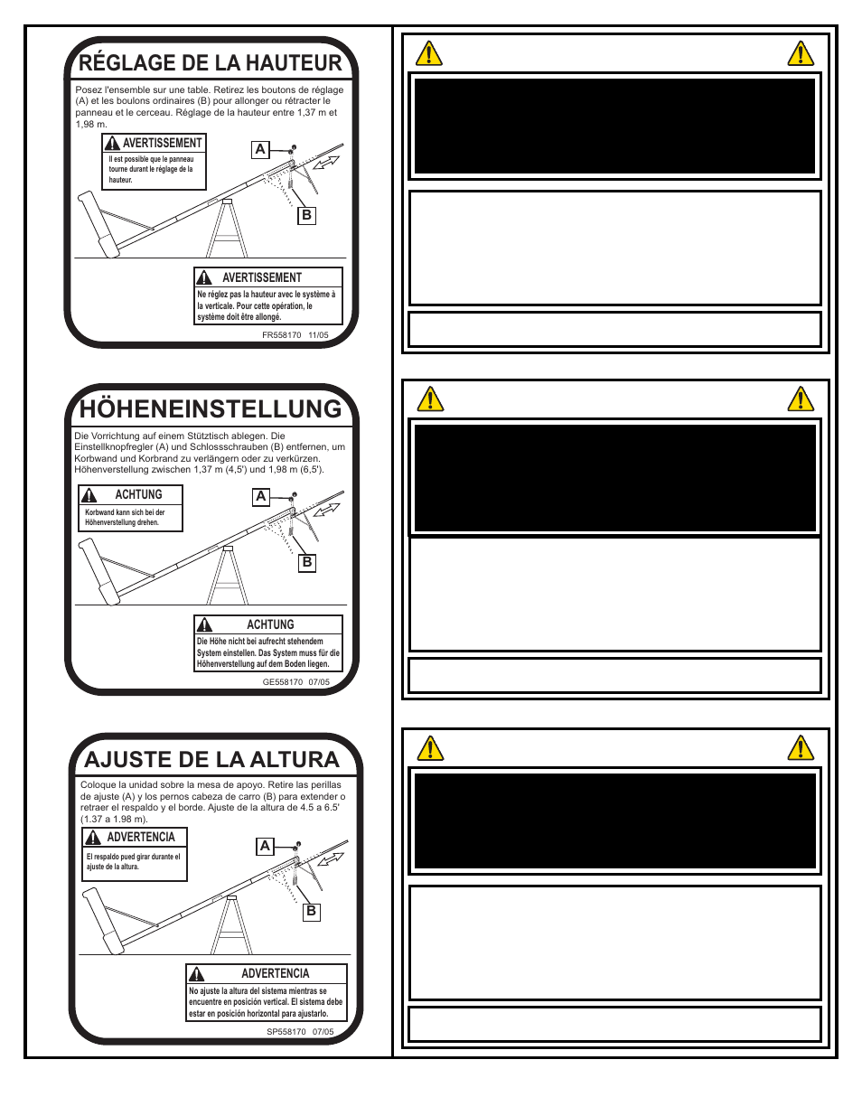 Höheneinstellung, Sicherheitshinweise, Consignes de sécurité | Réglage de la hauteur, Ajuste de la altura, Instrucciones de seguridad | Spalding M5800142 User Manual | Page 17 / 27