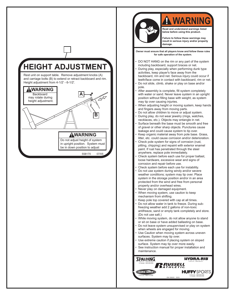 Warning, Height adjustment | Spalding M5800142 User Manual | Page 2 / 27