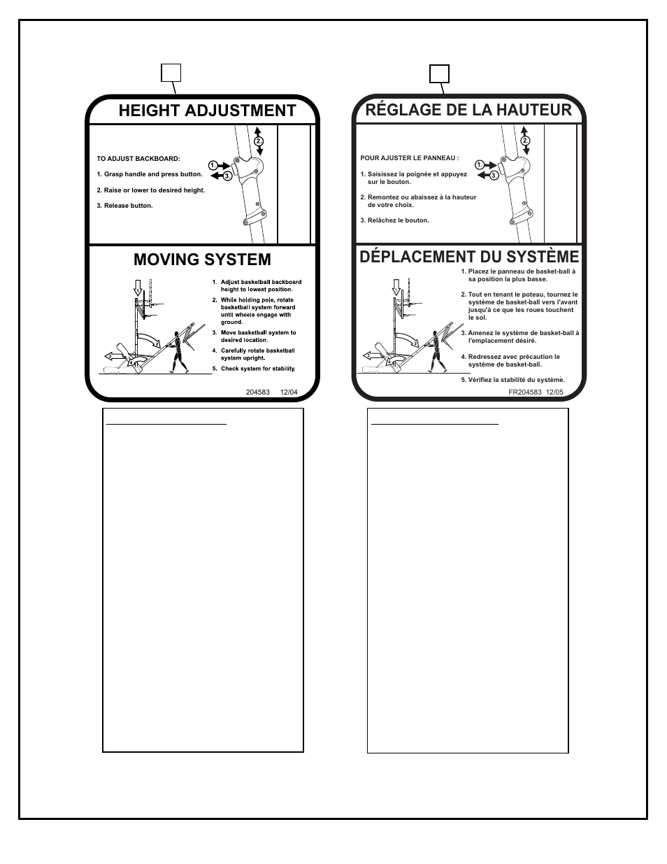 Moving system height adjustment, Déplacement du système réglage de la hauteur | Spalding M722154 User Manual | Page 8 / 37