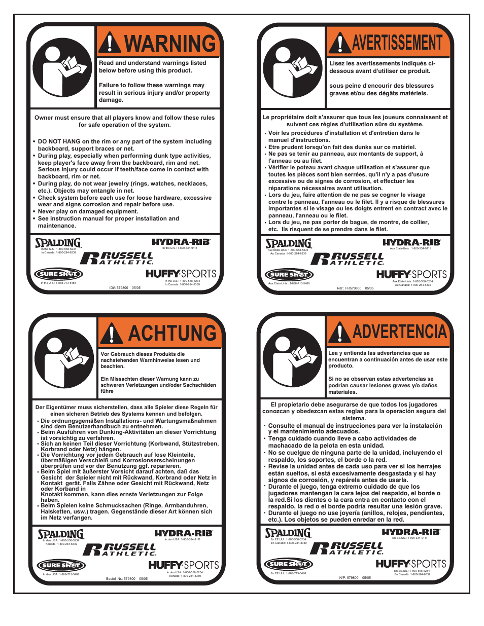 Warning, Achtung, Avertissement | Advertencia | Spalding M7819241 User Manual | Page 6 / 11