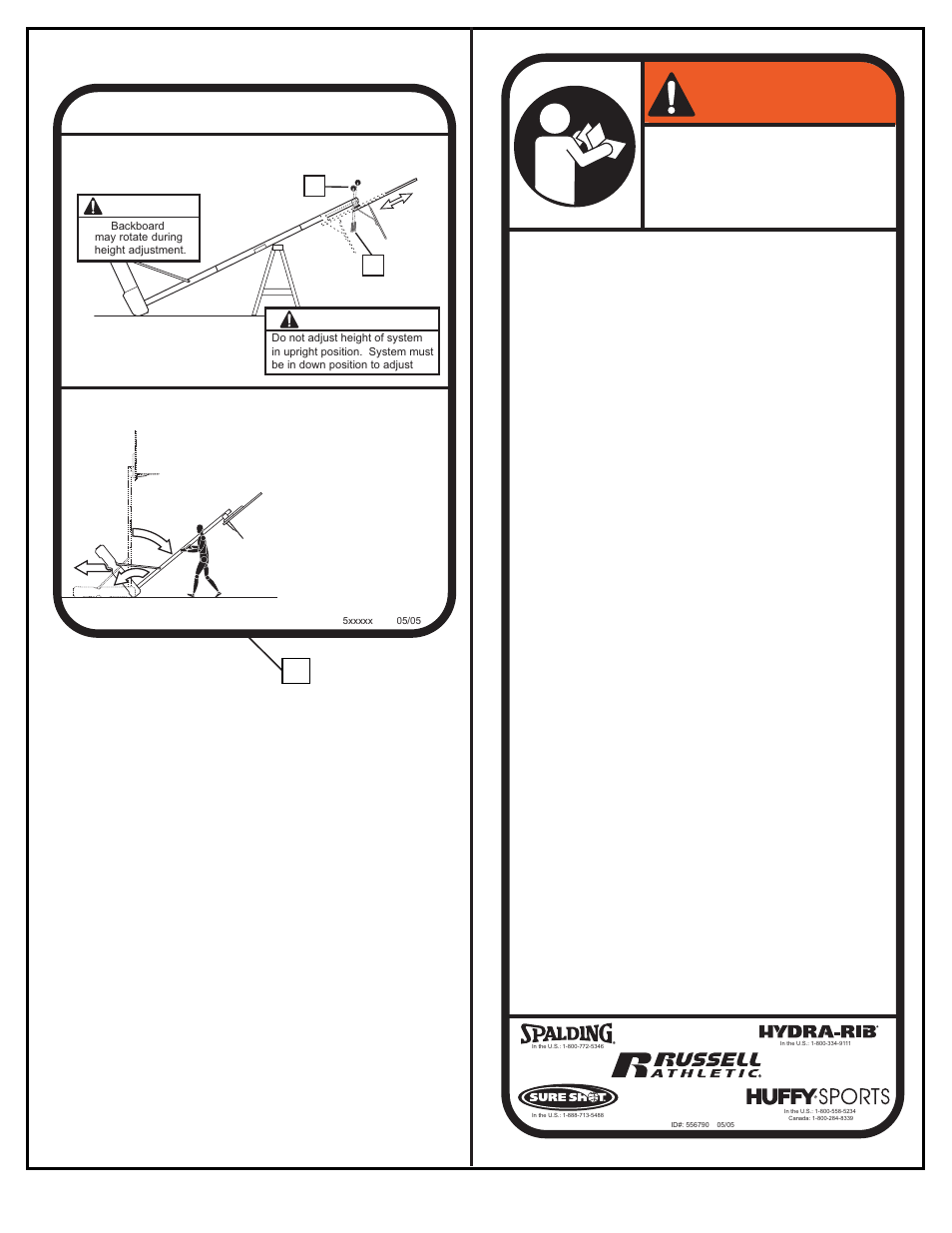 Warning, Moving system, Height adjustment | Awarning b warning | Spalding M661154 User Manual | Page 2 / 15