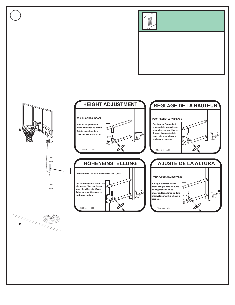 Height adjustment, Höheneinstellung, Réglage de la hauteur | Ajuste de la altura | Spalding M8809341 User Manual | Page 39 / 49