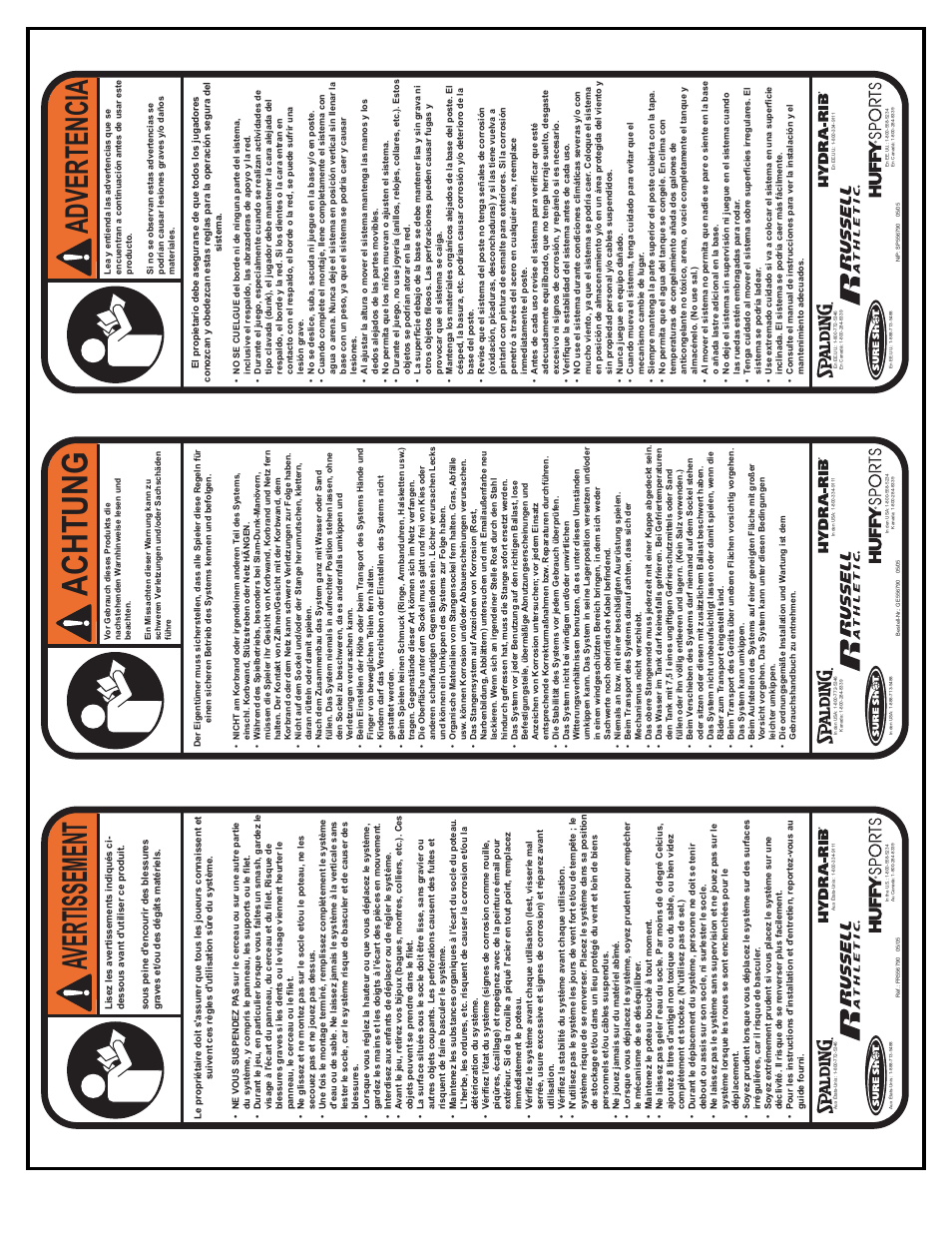 Achtung, Av ertissement, Advertencia | Spalding M770134 User Manual | Page 5 / 32