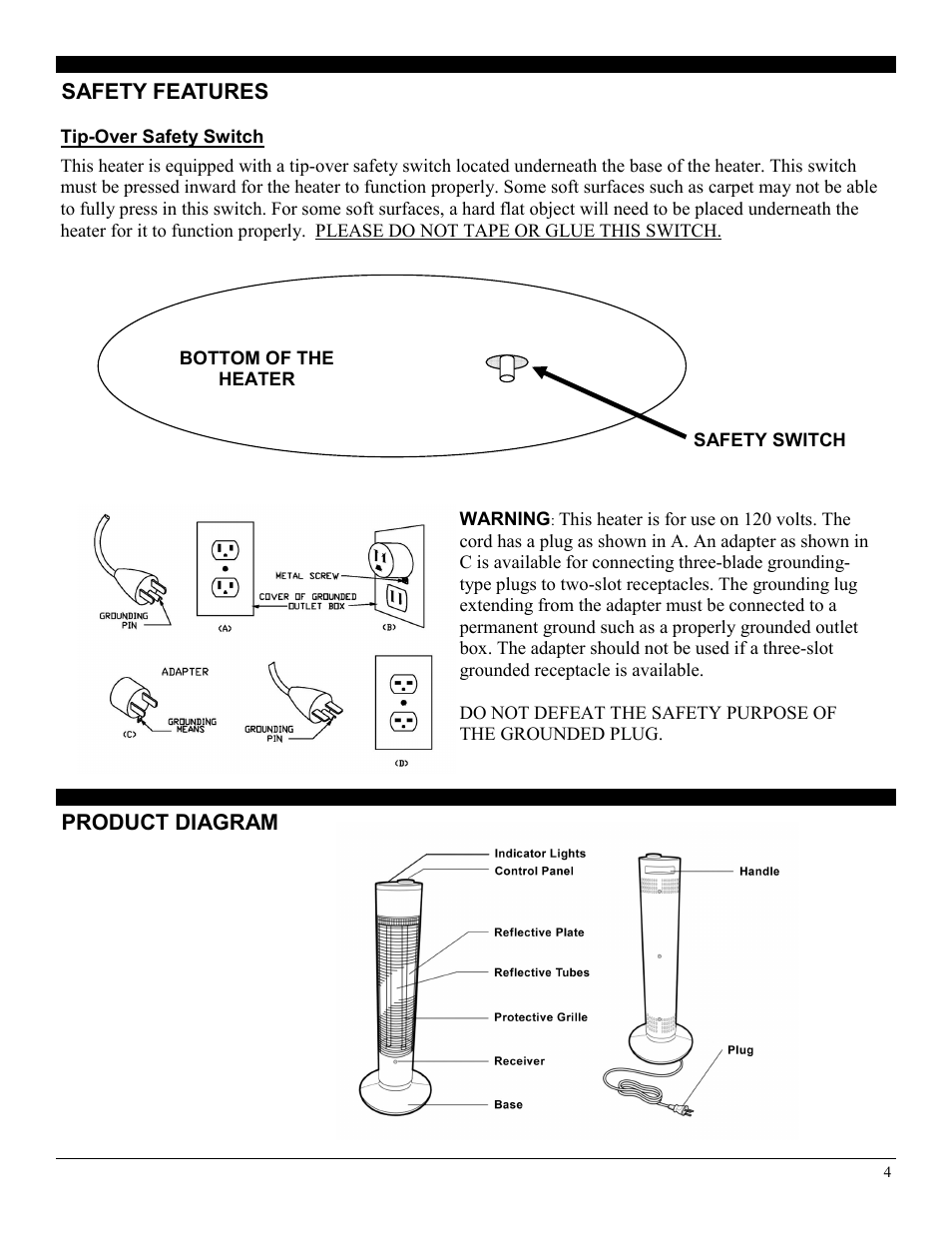 Product diagram, Safety features | Soleus Air Reflective Tower Heater MS-14R User Manual | Page 4 / 8