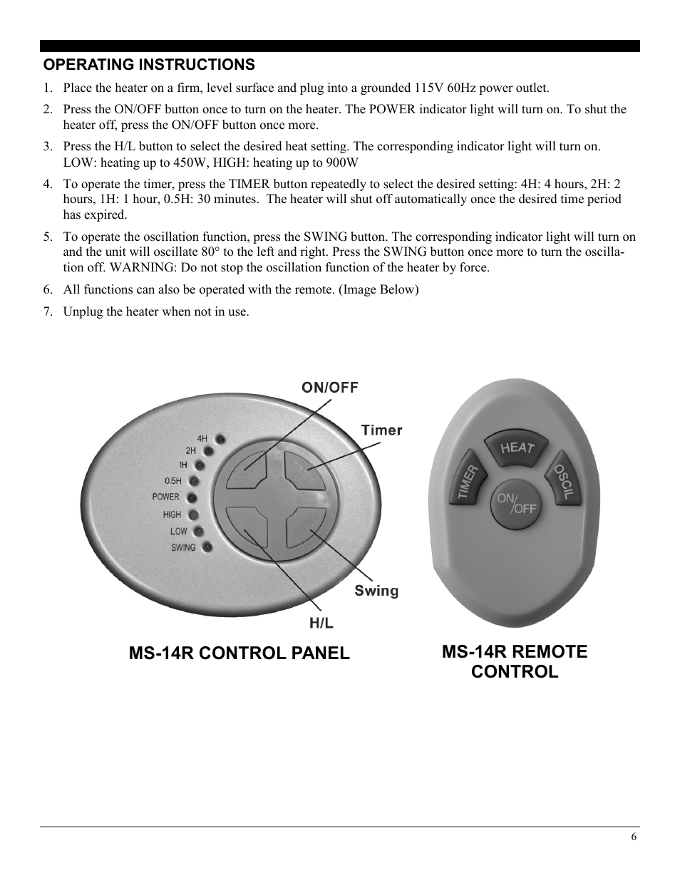 Ms-14r control panel ms-14r remote control | Soleus Air Reflective Tower Heater MS-14R User Manual | Page 6 / 8