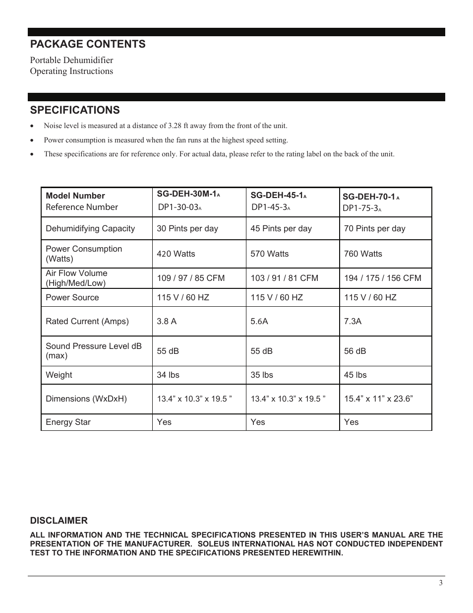 Specifications, Disclaimer, Package contents | SoleusAir SG-DEH-30M-1A (DP1-30-03 A) User Manual | Page 3 / 8