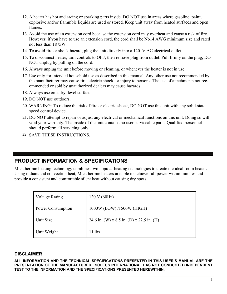 Product information & specifications, Disclaimer | Soleus Air 3092402 User Manual | Page 3 / 11