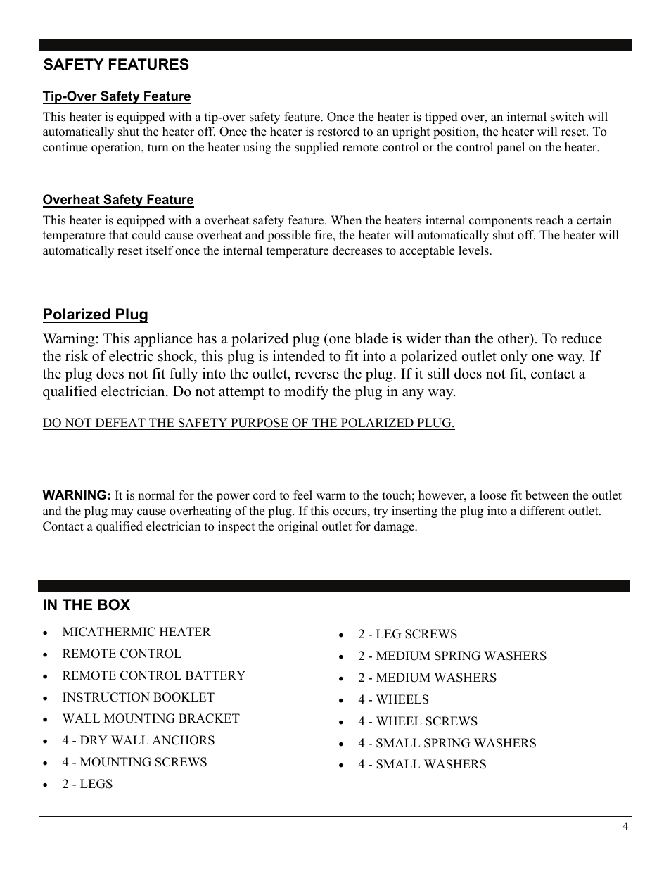 2 - leg screws, 2 - medium black spring washers, 2 - medium grey washers | 4 - wheels, 4 - wheel screws, 4 - small black spring washers, 4 - small grey washers, In the box, Micathermic heater, Remote control | Soleus Air 3092402 User Manual | Page 4 / 11