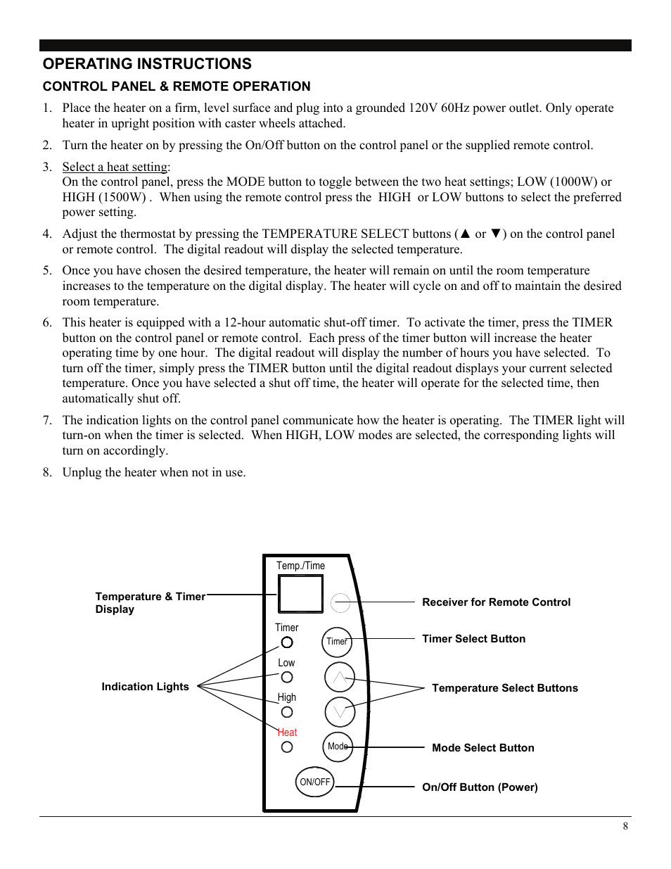 Operating instructions, Control panel & remote operation | Soleus Air 3092402 User Manual | Page 8 / 11
