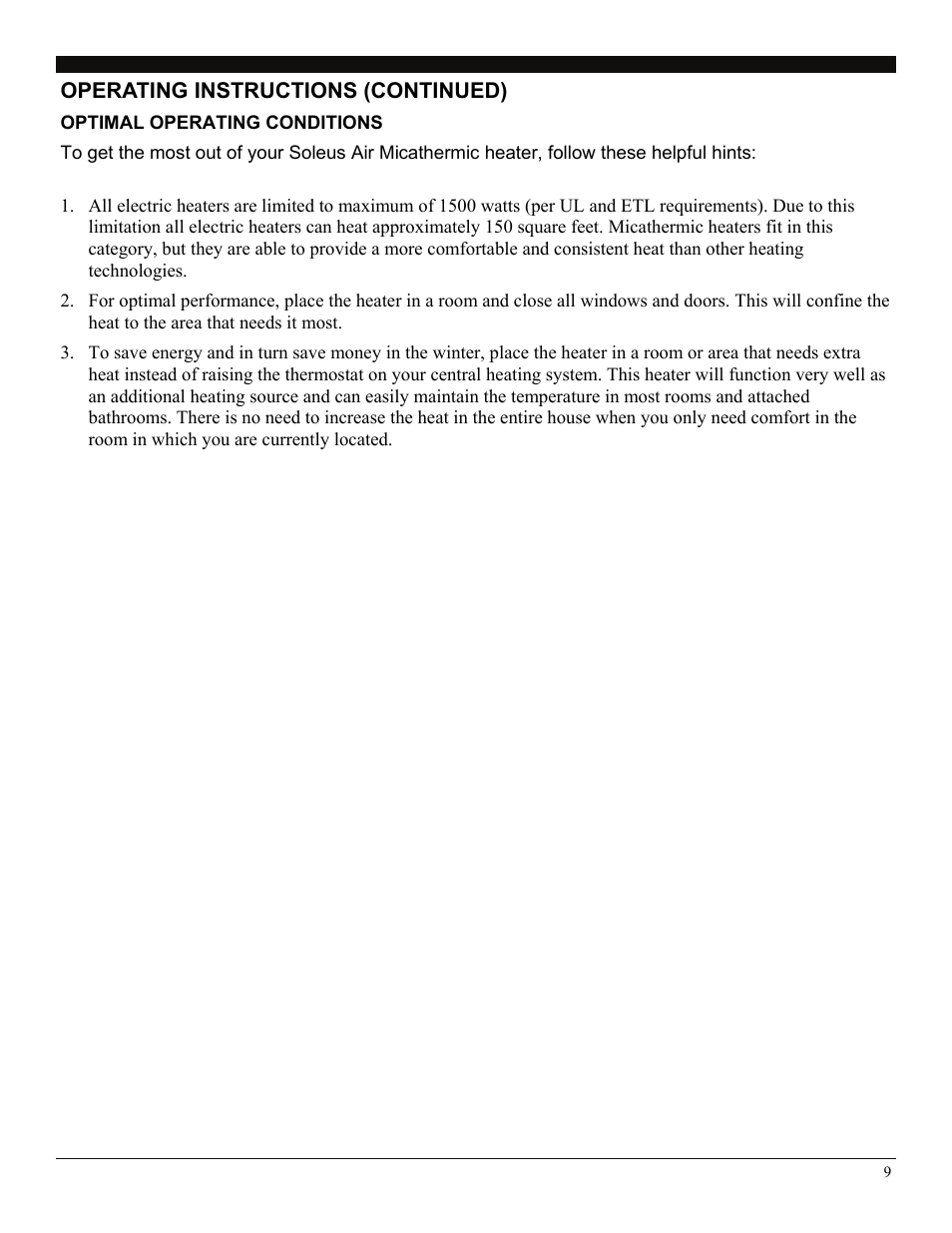Operating instructions (continued), Optimal operating conditions | Soleus Air 3092402 User Manual | Page 9 / 11