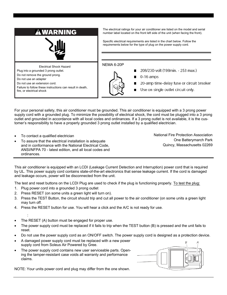 Electrical requirements | Soleus Air SG-WAC-12HCE User Manual | Page 3 / 20