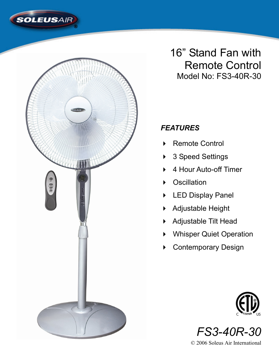 Soleus Air FS3-40R-30 User Manual | 7 pages