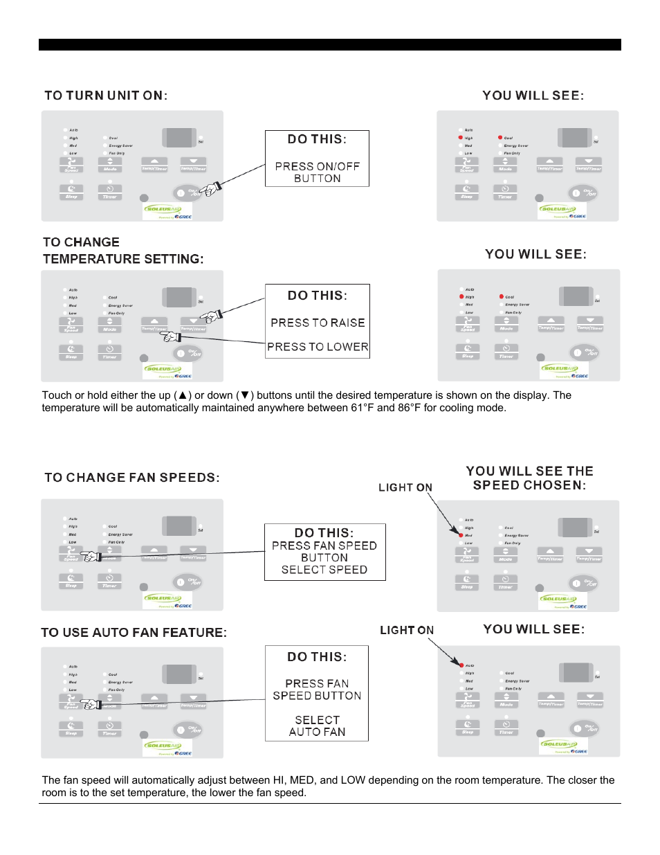 Using the control panel or remote, Operating your air conditioner | SoleusAir SG-TTW-12ESEZ User Manual | Page 7 / 15