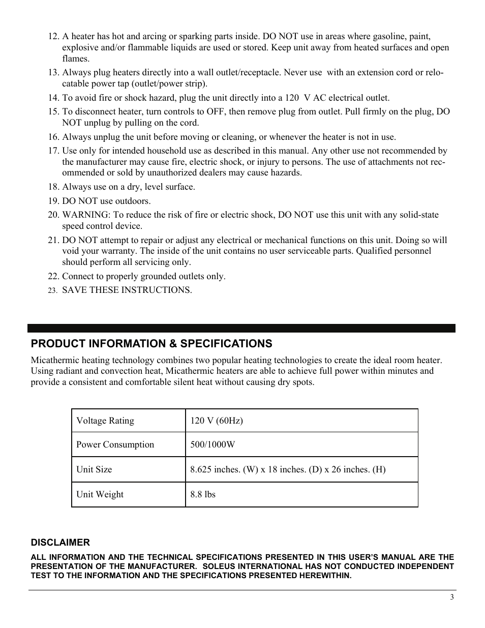 Product information & specifications, Disclaimer | SoleusAir HM1-10R-32 User Manual | Page 3 / 10