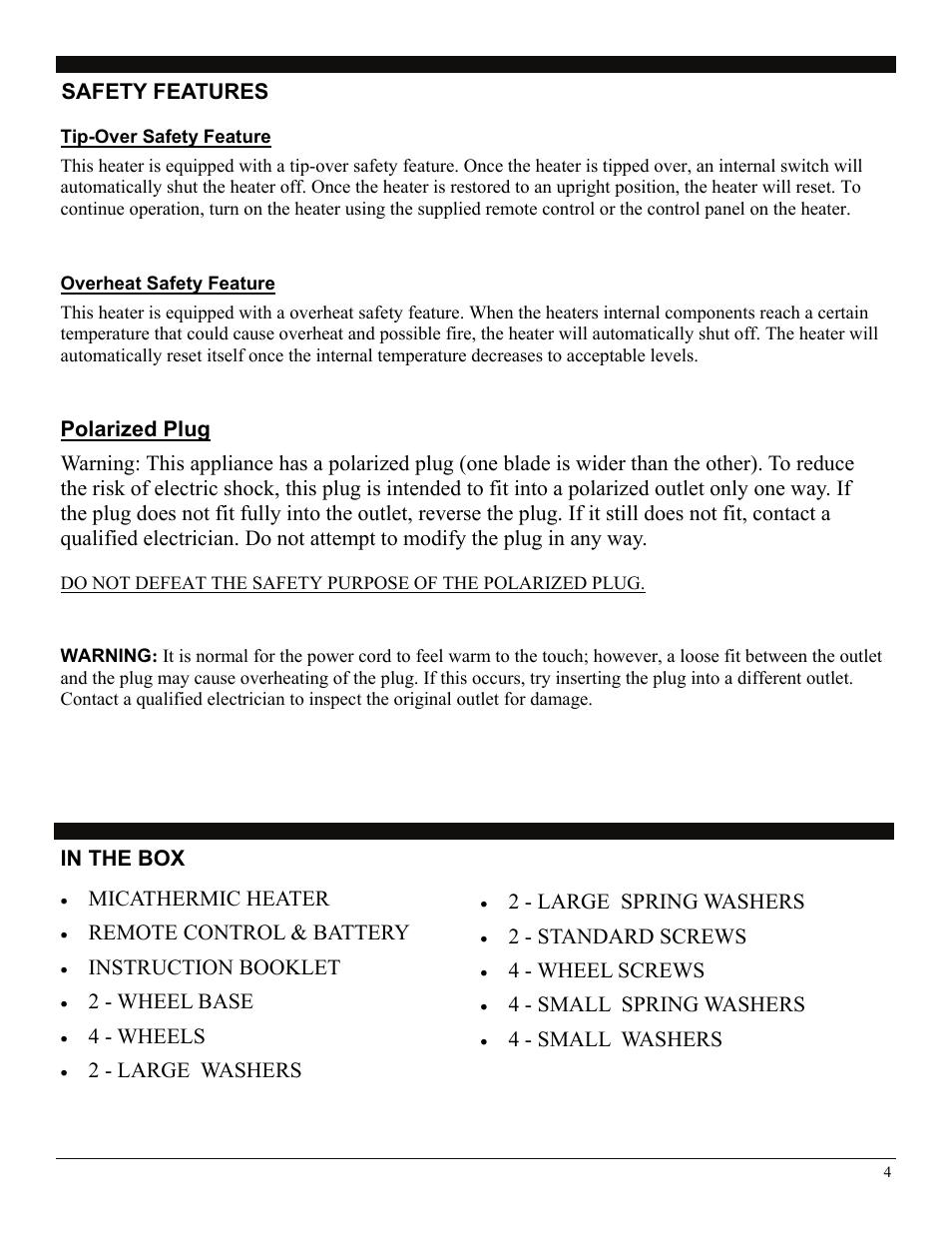 In the box, Micathermic heater, Remote control & battery | Instruction booklet, 2 - wheel base, 4 - wheels, 2 - large washers, Safety features, 2 - large spring washers, 2 - standard screws | SoleusAir HM1-10R-32 User Manual | Page 4 / 10