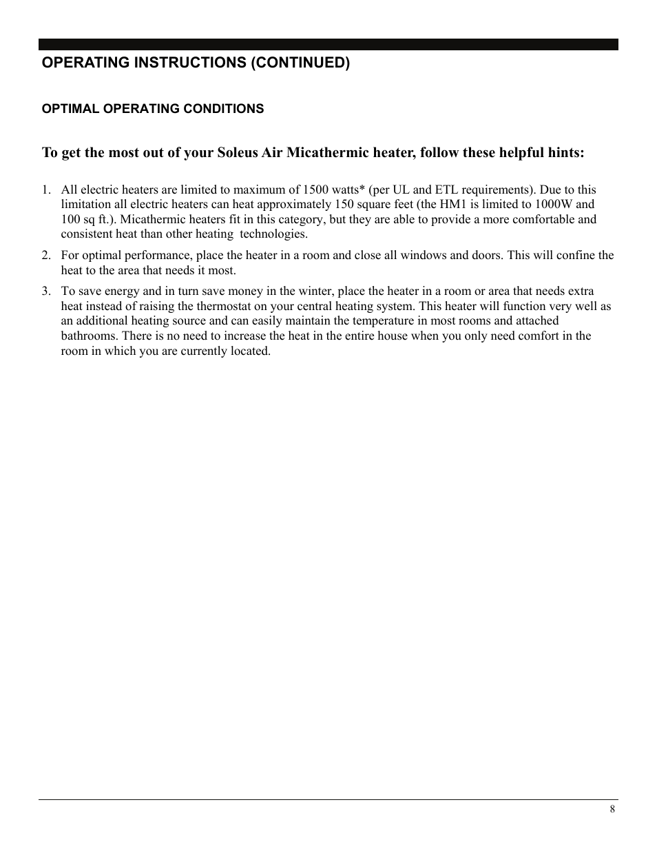 Operating instructions (continued), Optimal operating conditions | SoleusAir HM1-10R-32 User Manual | Page 8 / 10