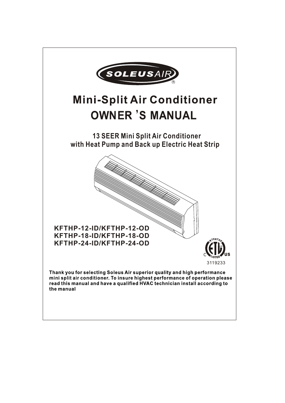 Soleus Air KFTHP-12-ID User Manual | 26 pages