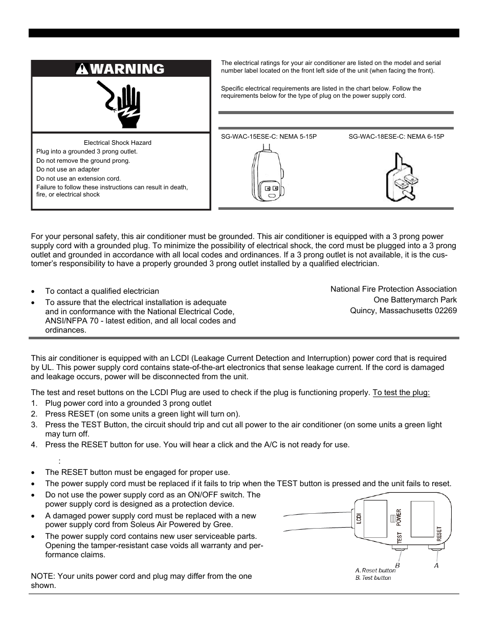 Electrical requirements | Soleus Air SOLEUSAIR Powered by GREE Electronic Windows A/C SG-WAC-18ESE-C User Manual | Page 3 / 21