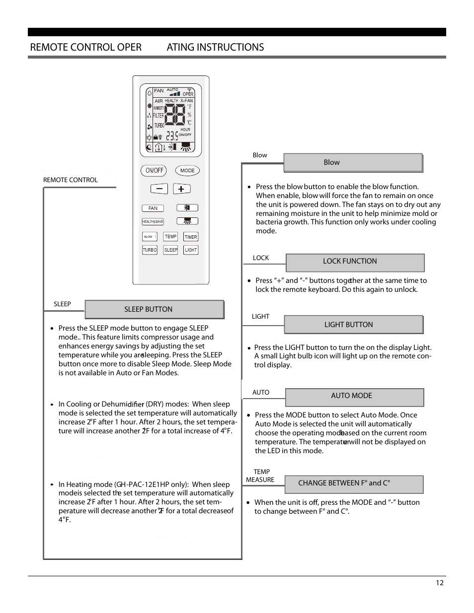 Remote control oper ating instructions | Soleus Air Portable Air Conditioner GH-PAC-12E1 User Manual | Page 12 / 16