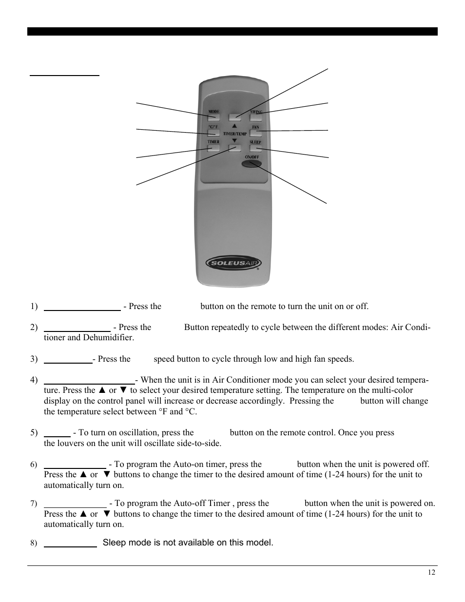 Operating the unit using the remote control | SoleusAir PE6-10R-03 User Manual | Page 12 / 14