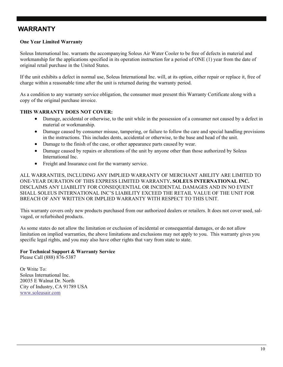 Warranty | SoleusAir WA2-02-50A User Manual | Page 10 / 10