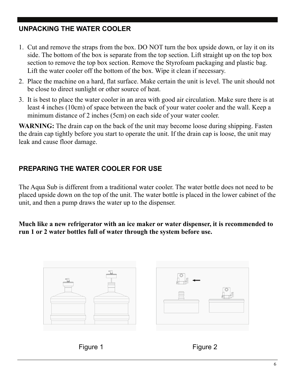 Unpacking the water cooler, Preparing the water cooler for use, Figure 1 | Figure 2 | SoleusAir WA2-02-50A User Manual | Page 6 / 10