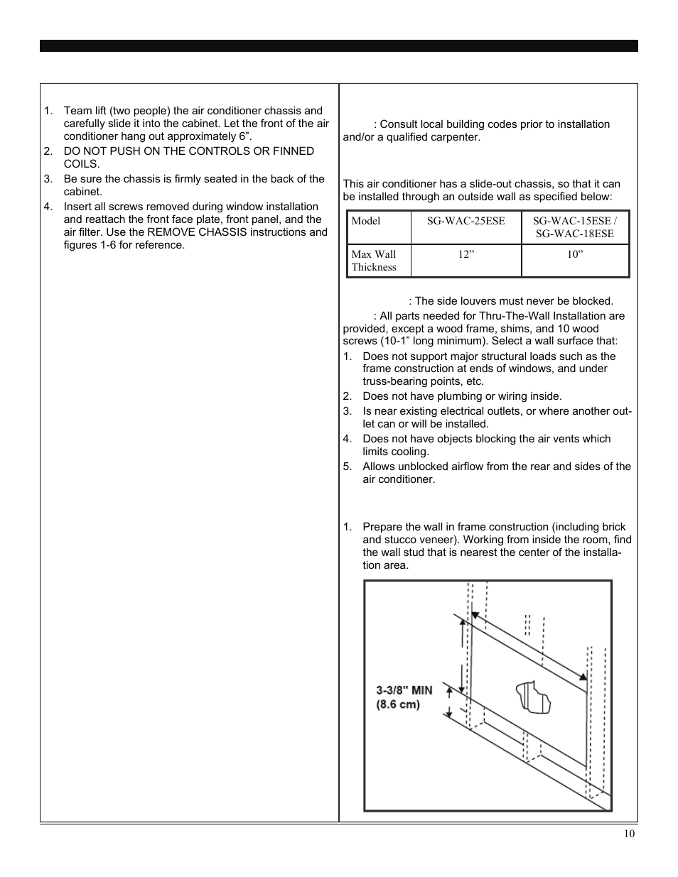 Assembly & installation (cont.), Thru-the-wall installation | SoleusAir SG-WAC-15ESE User Manual | Page 11 / 20