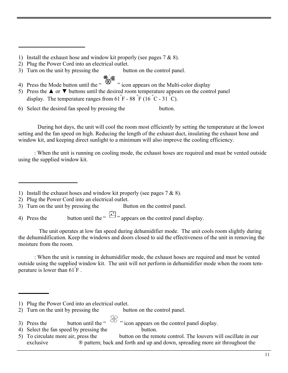 Air conditioner mode, Dehumidifier mode, Fan mode | Soleus Air PH3-10R User Manual | Page 11 / 16