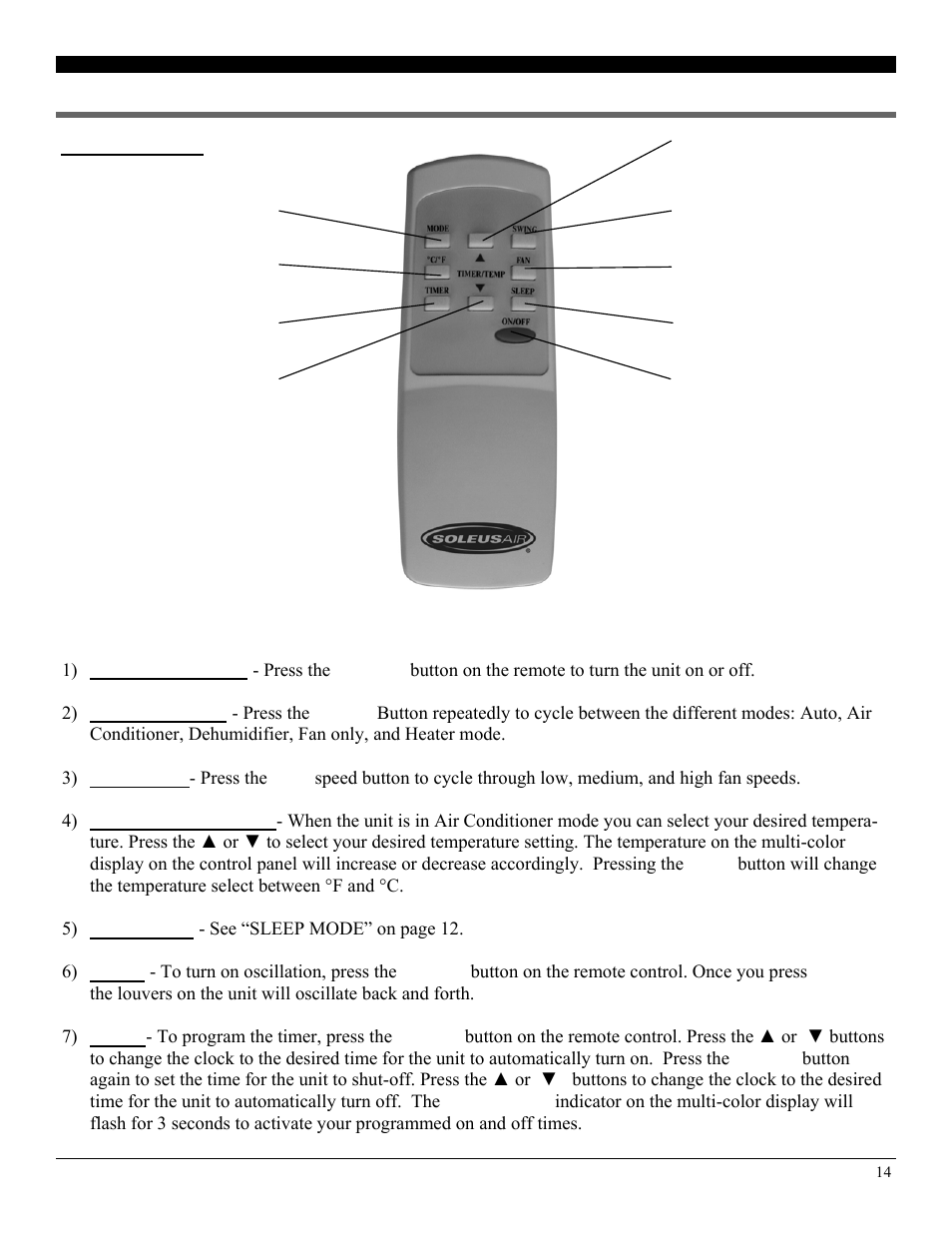 Operating the unit using the remote control | Soleus Air PH3-10R User Manual | Page 14 / 16