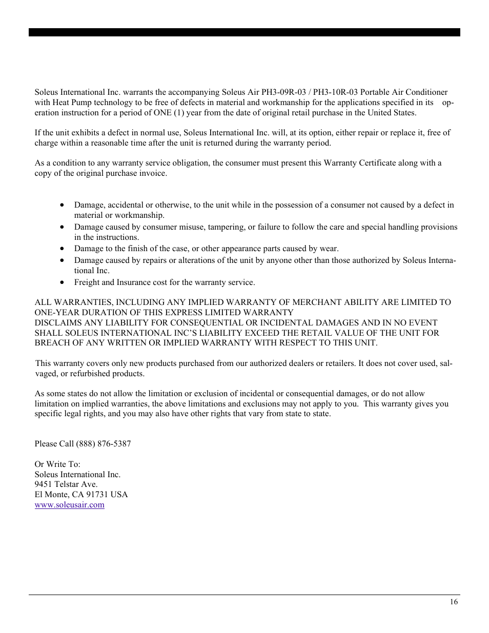Warranty | Soleus Air PH3-10R User Manual | Page 16 / 16