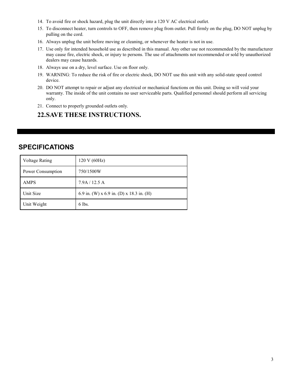 Save these instructions. specifications | Soleus Air HC7-15-01 User Manual | Page 3 / 7