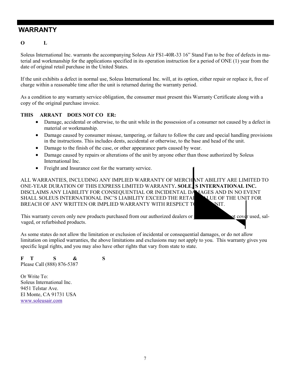 Warranty | Soleus Air FS1-40R-33 User Manual | Page 8 / 8