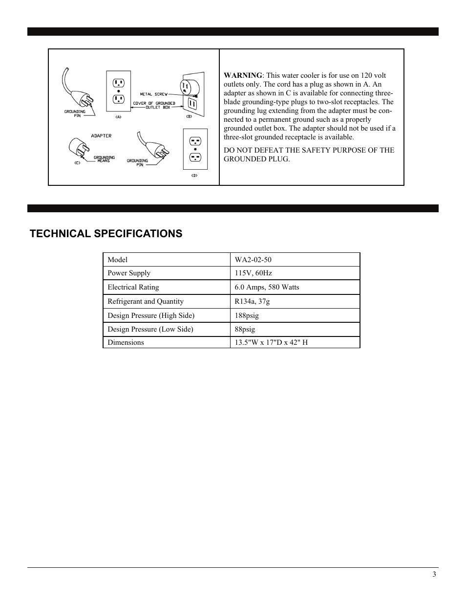 Technical specifications | Soleus Air AQUA SUB WA2-02-50 User Manual | Page 3 / 10