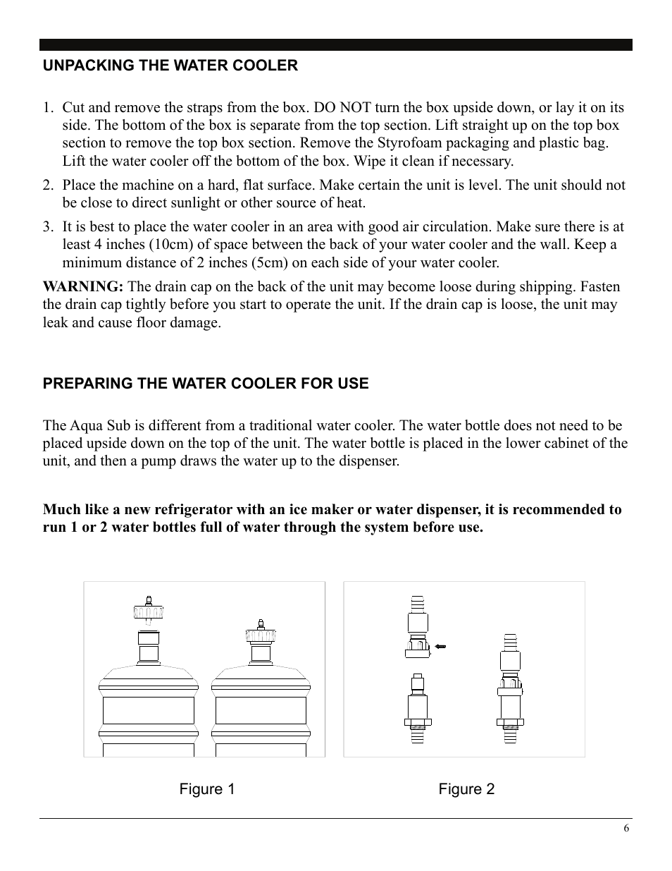 Unpacking the water cooler, Preparing the water cooler for use, Figure 1 | Figure 2 | Soleus Air AQUA SUB WA2-02-50 User Manual | Page 6 / 10
