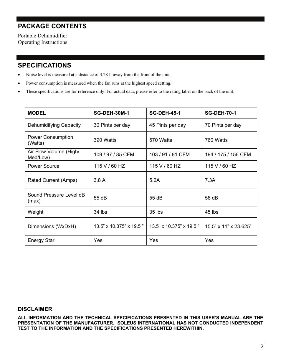 Specifications, Disclaimer, Package contents | SoleusAir SG-DEH-70-1A User Manual | Page 3 / 16